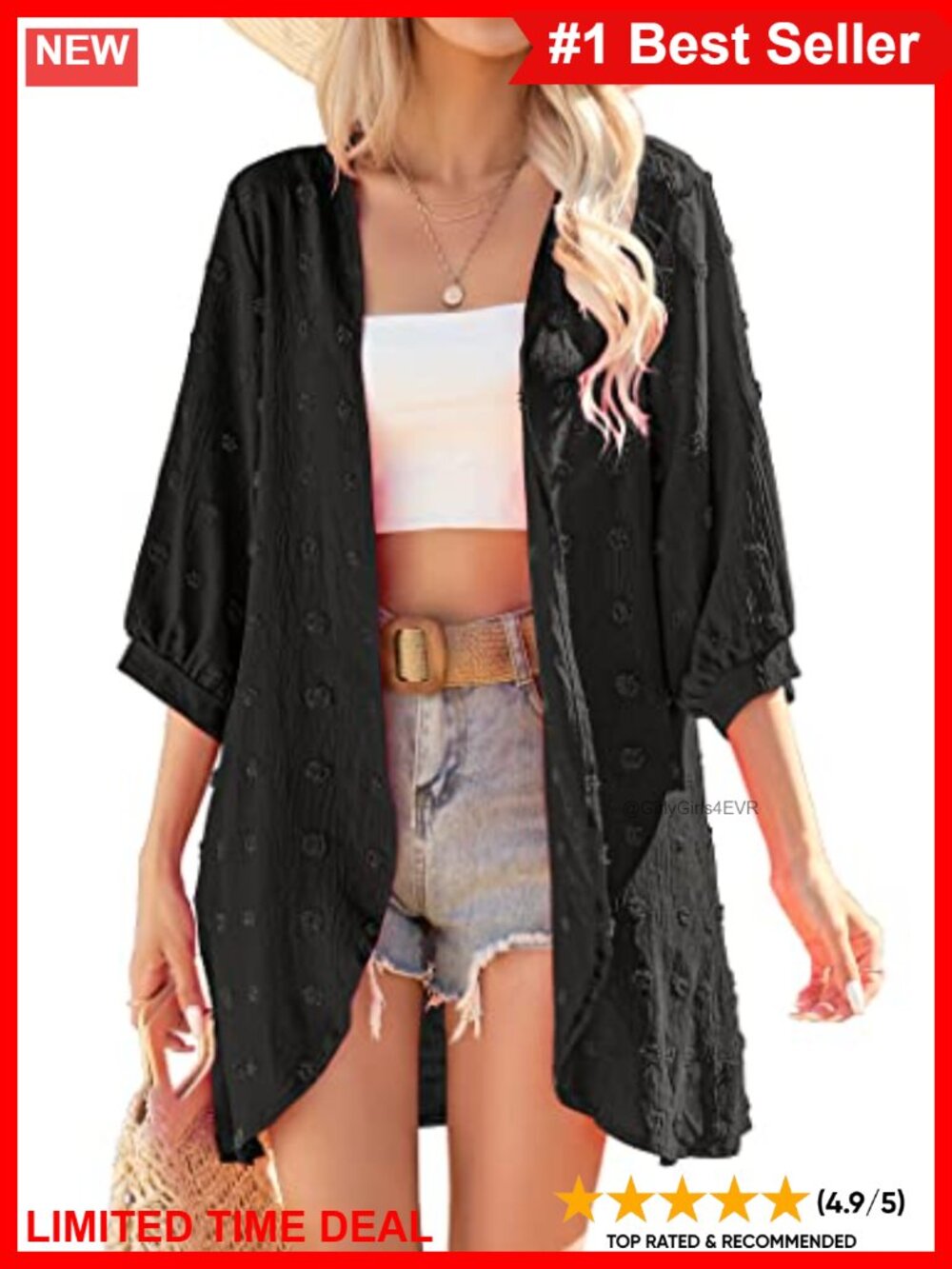 Kimono Cardigan Swiss Dot 3/4 Sleeve Beach Cover Up Loose Fit Summer Womens